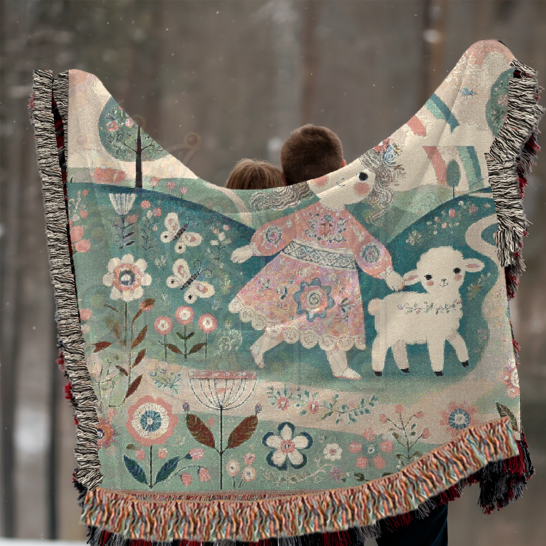 Mary Had a Little Lamb Woven Blanket, Light Pastel Fairytale Cotton Tapestry Throw