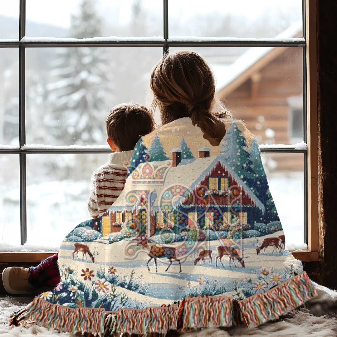 Winter’s Quiet Grace Nordic Folk Art Snowy Cabin Woven Blanket – Cozy 100% Cotton Throw