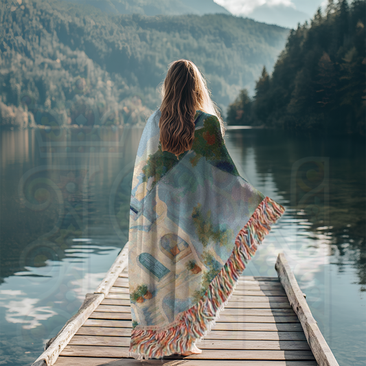 Cliffside Calm – Greek Villa Woven Blanket with Blue Dome & Coastal Landscape