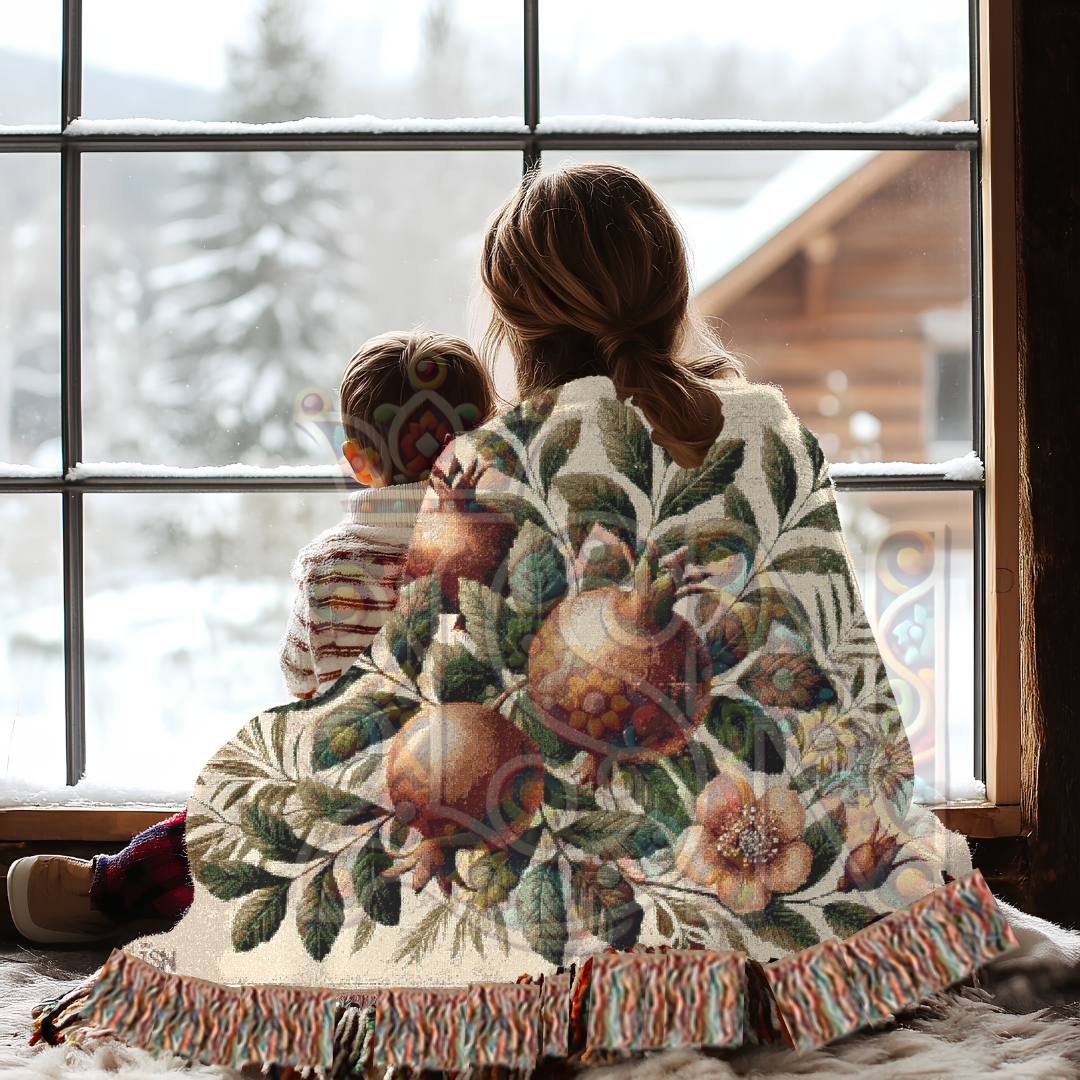 Pomegranate Blessing Woven Botanical Throw Blanket – 100% Cotton Heirloom Tapestry for Home & Gift