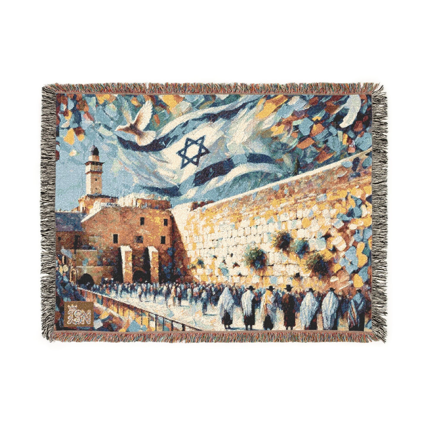 Jerusalem Western Wall and Flag Woven Tapestry Blanket – Heritage Judaica Throw, Cotton, Home Blessing