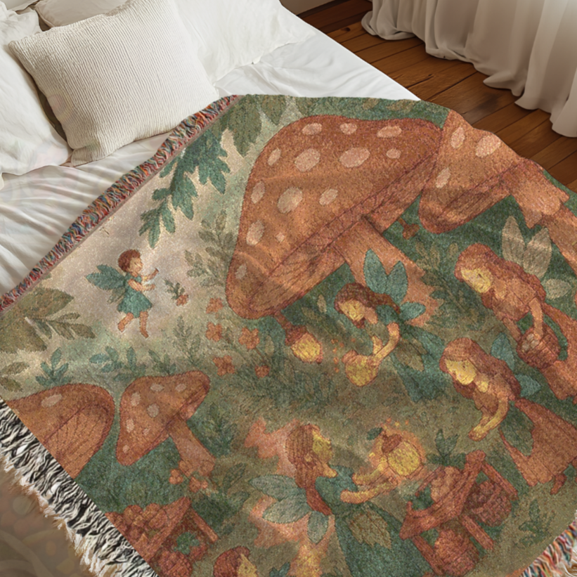 Mushroom Fairy Market Whimsical Fairycore Forest Gathering Woven Blanket – Magical Throw