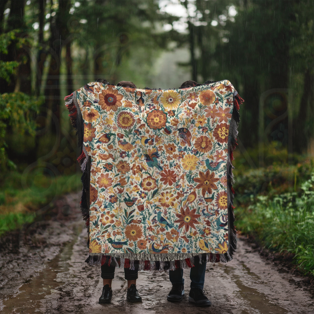 Botanical Garden Woven Blanket, 100% Cotton Tapestry Throw with Vintage Floral & Bird Pattern, Nature-Inspired Home Decor