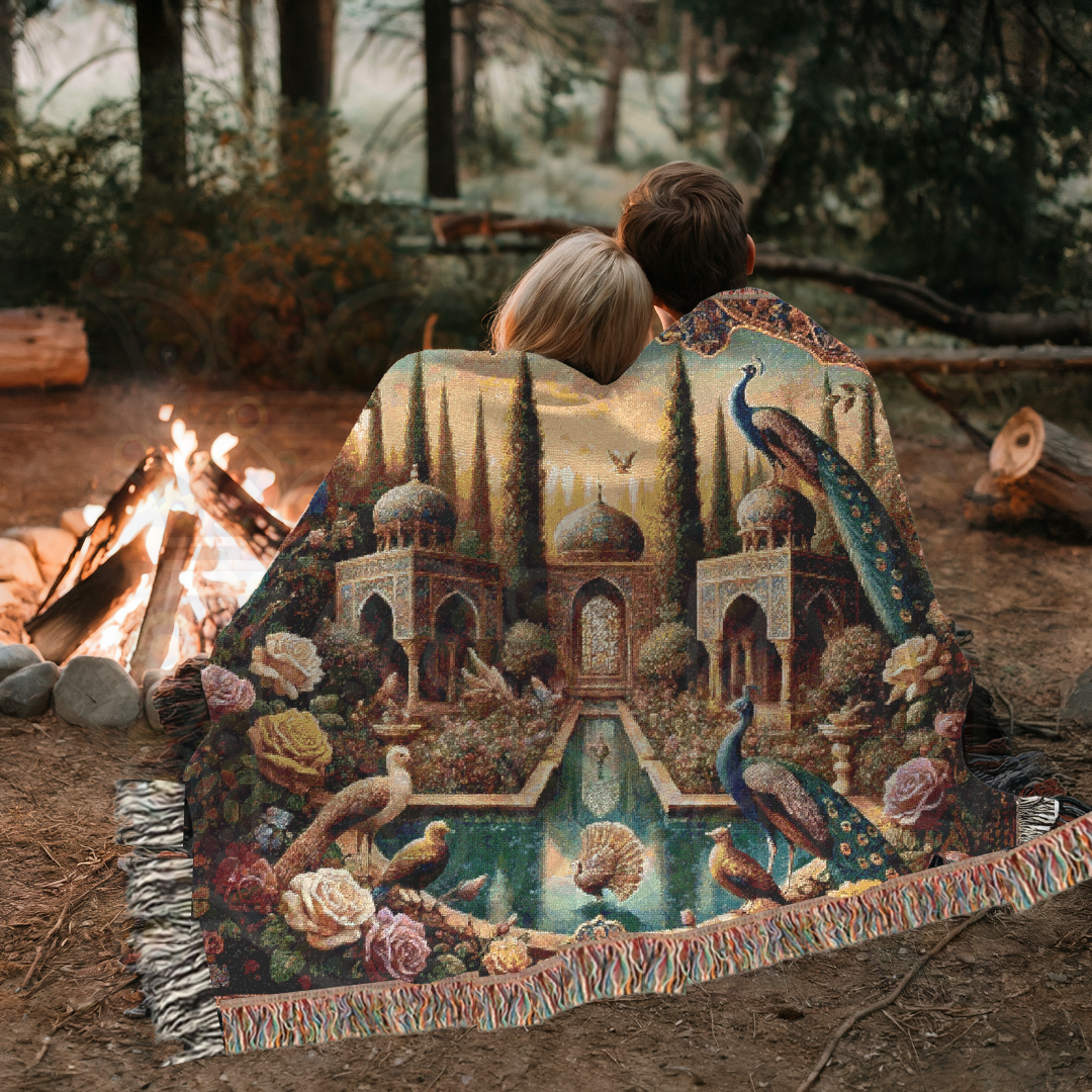 Birds of Persia Woven Blanket, 100% Cotton Throw, Elegant Persian Garden Art, Peacock Tapestry, Luxurious Home Decor & Boho Accent