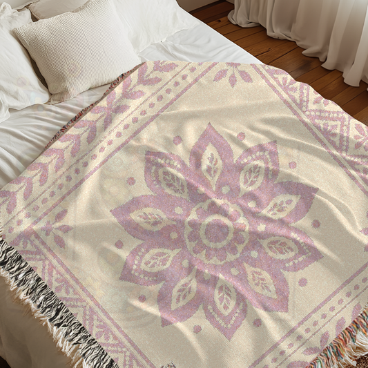 Petal Frame – Pink and Cream Woven Blanket with Rosette Center and Decorative Border