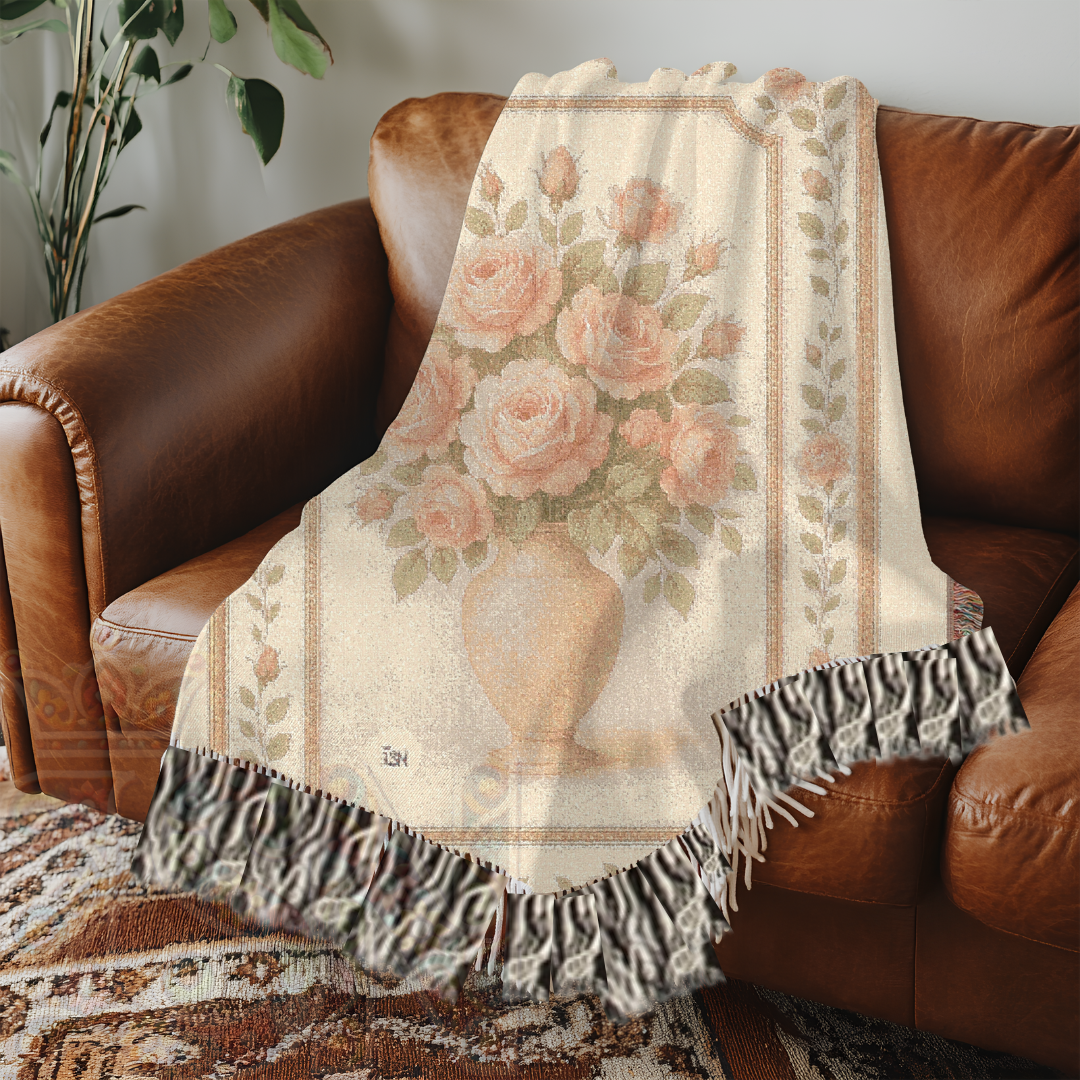 Rose Vase Reverie Fairycore Woven Blanket – Vintage Floral Throw