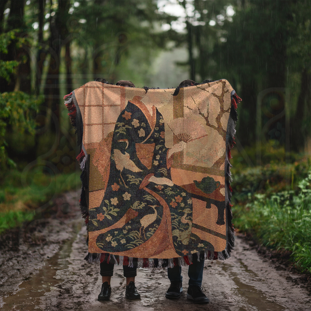 Reading by the Window Blanket – Geisha in Spring Woven Blanket – Japanese-Inspired Tapestry Throw with Cherry Blossoms