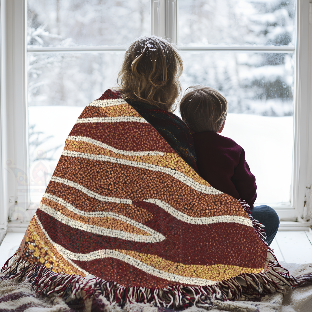 Australian Art-Inspired Woven Blanket – Earthy Tribal Tapestry with Nature Motifs