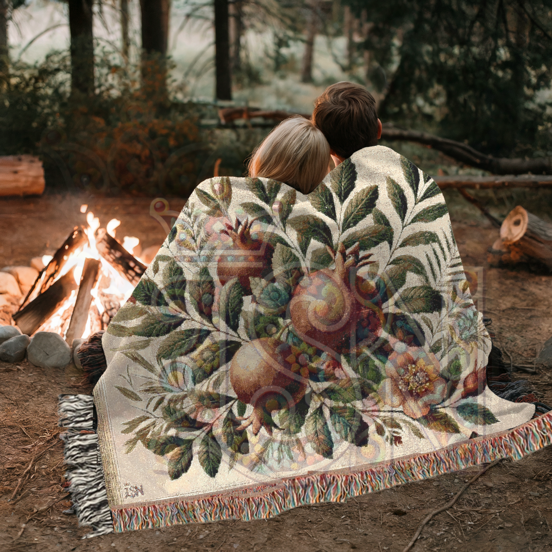 Pomegranate Blessing Woven Botanical Throw Blanket – 100% Cotton Heirloom Tapestry for Home & Gift