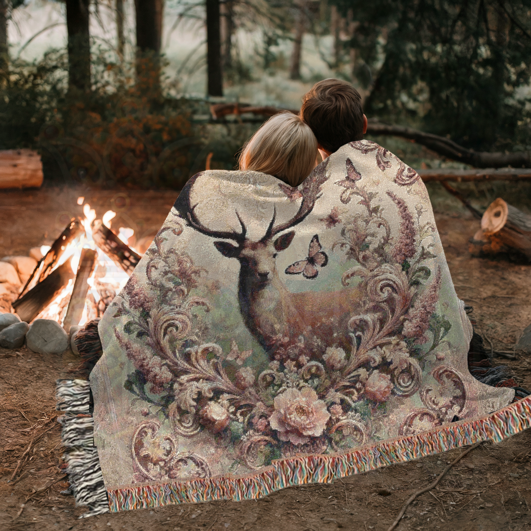 Majestic Deer Woven Blanket – 100% Cotton Nature Throw | Vintage Wildlife Tapestry | Rustic Lodge Decor | Cottagecore Bedding