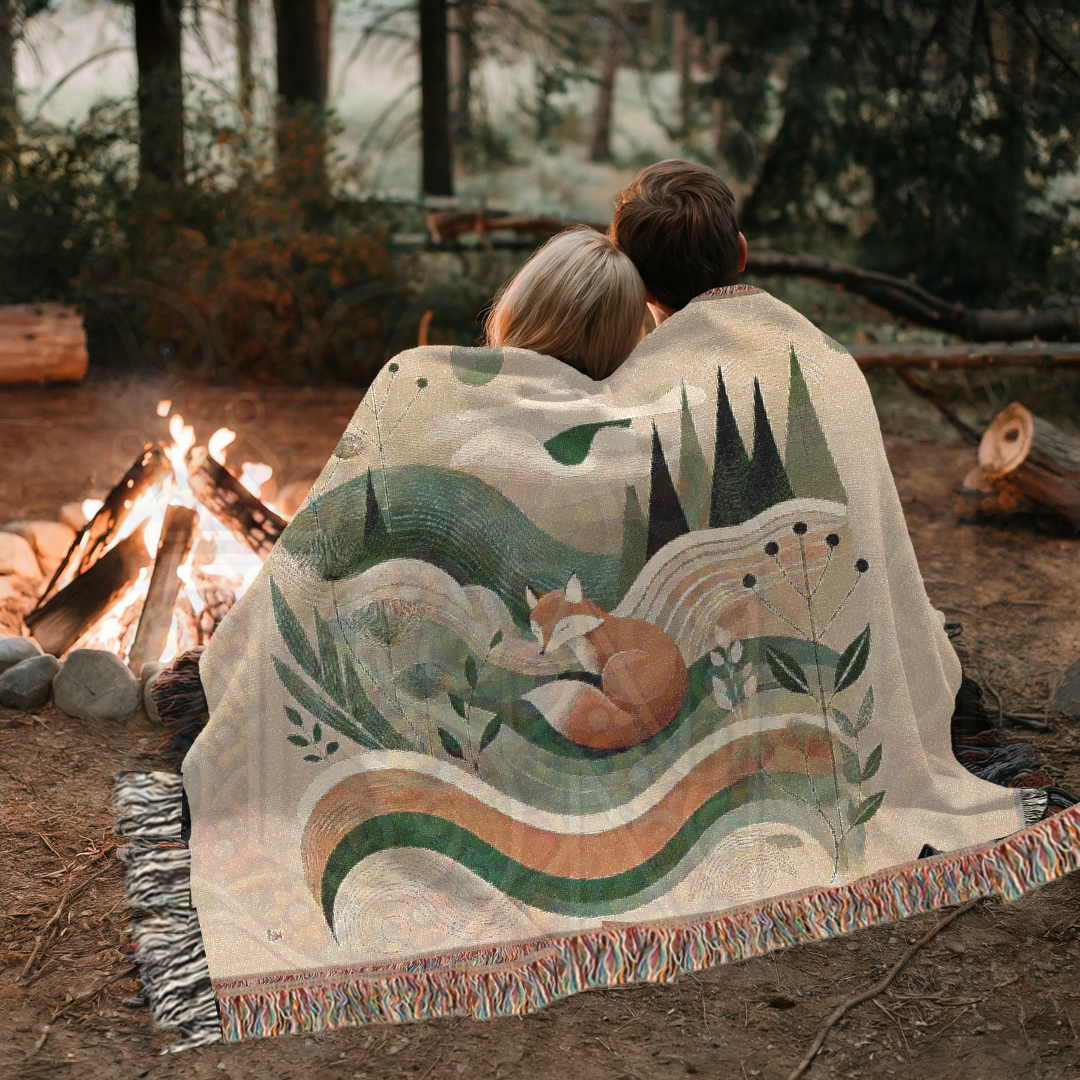 Fox Woven Blanket - 100% Cotton Nature Throw, Cozy Woodland Decor, Boho Tapestry, Minimalist Forest Aesthetic, Unique Art Gift