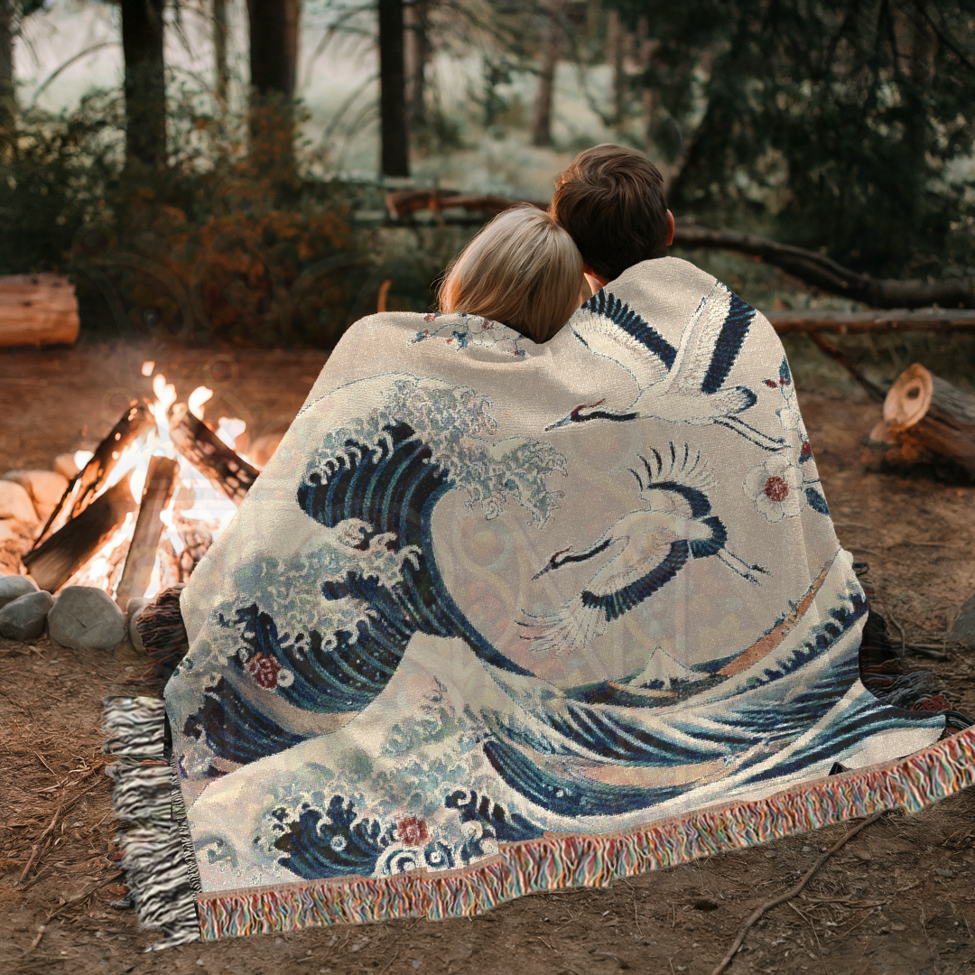 Japanese Wave & Crane Woven Blanket – 100% Cotton Tapestry Elegant Ocean Throw, Traditional Art Home Decor, Ukiyo-e Inspired Gift