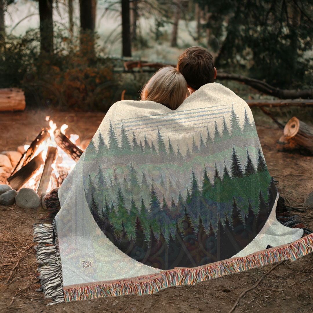 Forest Circle Minimalist Woven Blanket, Layered Woodland Pines Cozy Throw, Nature Inspired Home Decor Gift