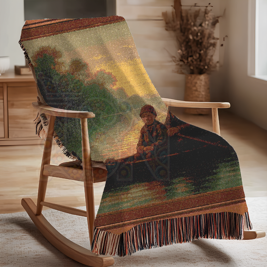 Evening Voyage – Folk Art Woven Throw Blanket with Canoe Scene