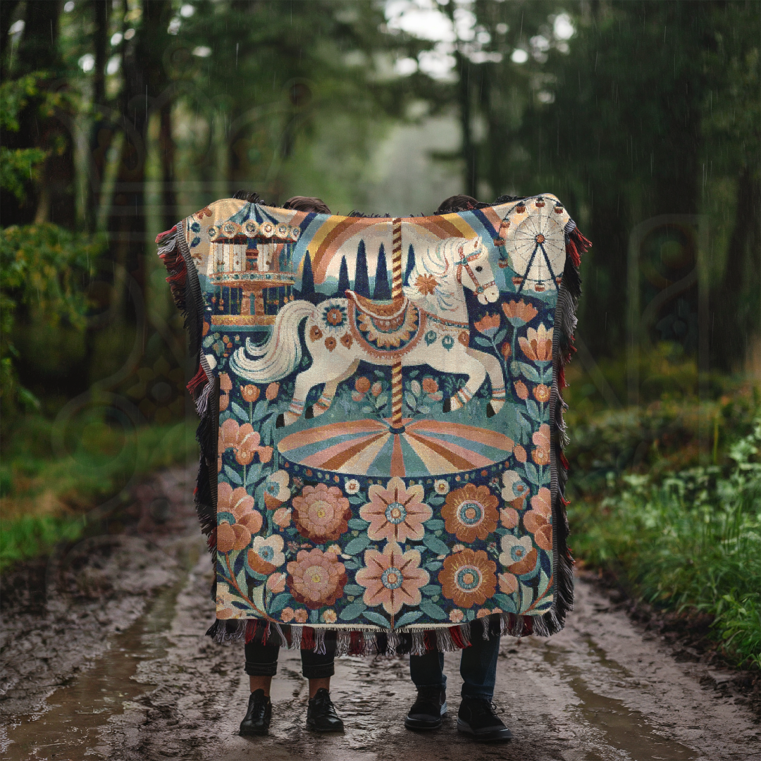 The Midnight Carousel – Folk Art Woven Throw Blanket with Carnival Horse and Florals