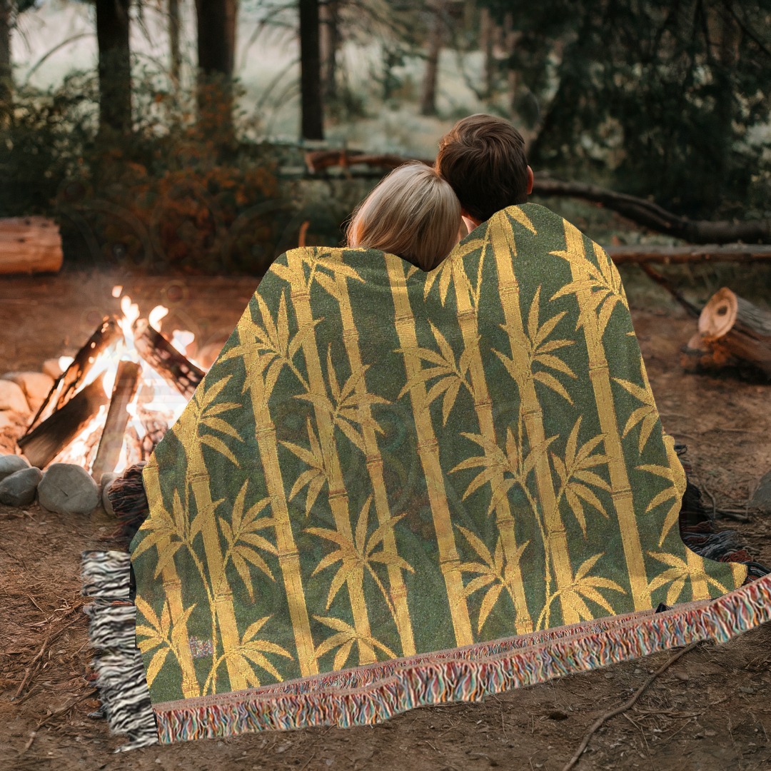 Golden Grove – Earth-Toned Bamboo Woven Throw Blanket in Gold and Green