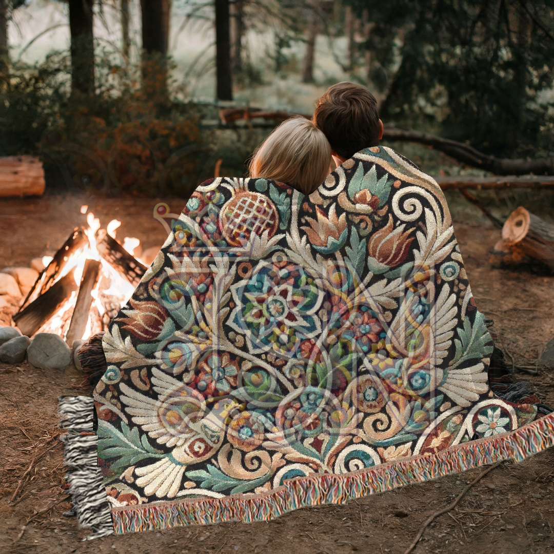 Peaceful Harmony Folk Art Dove Woven Blanket – Elegant Ornate Throw with Symbolic Doves & Garden Motifs