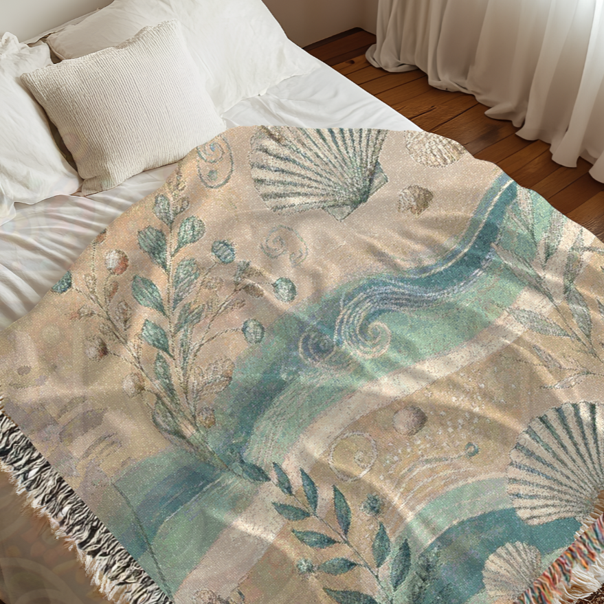 Coastal Woven Blanket – 100% Cotton Nautical Throw | Beach House Tapestry | Ocean-Inspired Shell & Seaweed Decor | Boho Coastal Gift