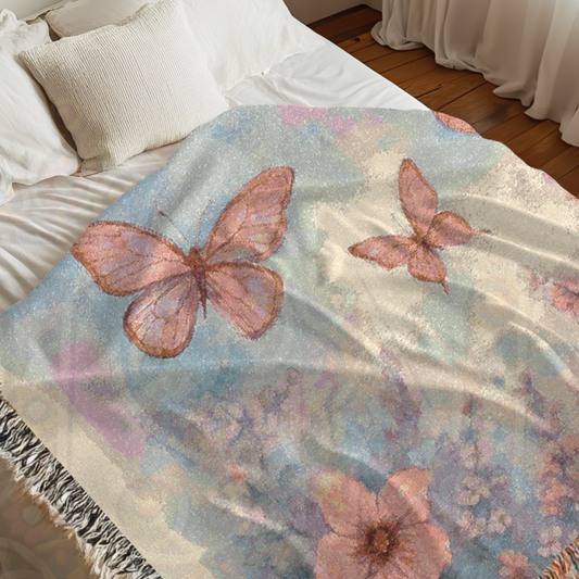 Butterfly Blossoms Woven Blanket – Fairycore Pastel Floral Throw, Dreamy Nursery Decor