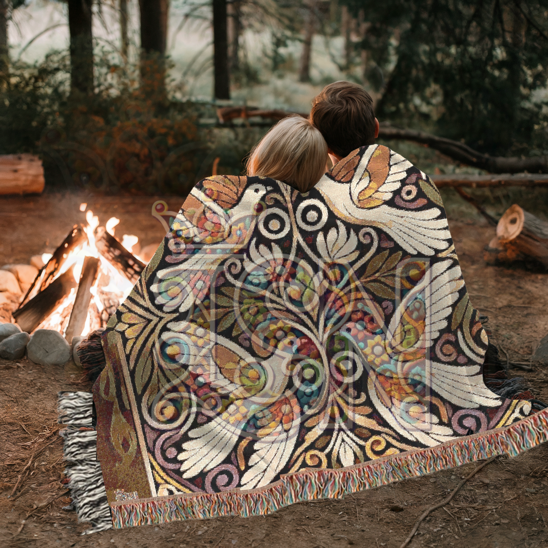Four Doves Harmony Folk Art Woven Blanket – Peaceful Unity Throw with Ornamental Floral Design