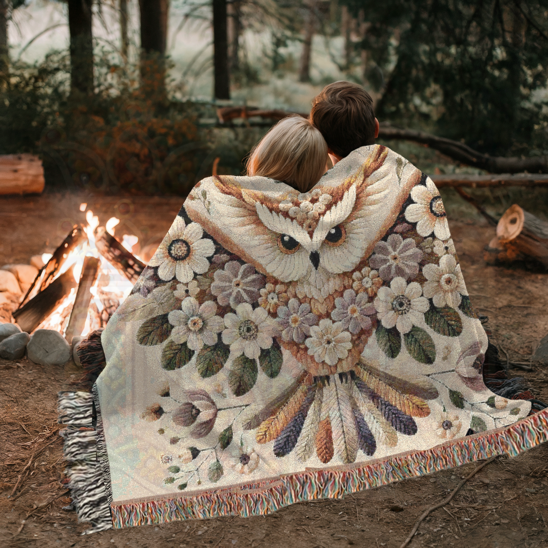 Floral Owl Woven Blanket – Cottagecore Boho Throw, 100% Cotton, Nature-Inspired Home Decor, Cozy Gift for Bird Lovers