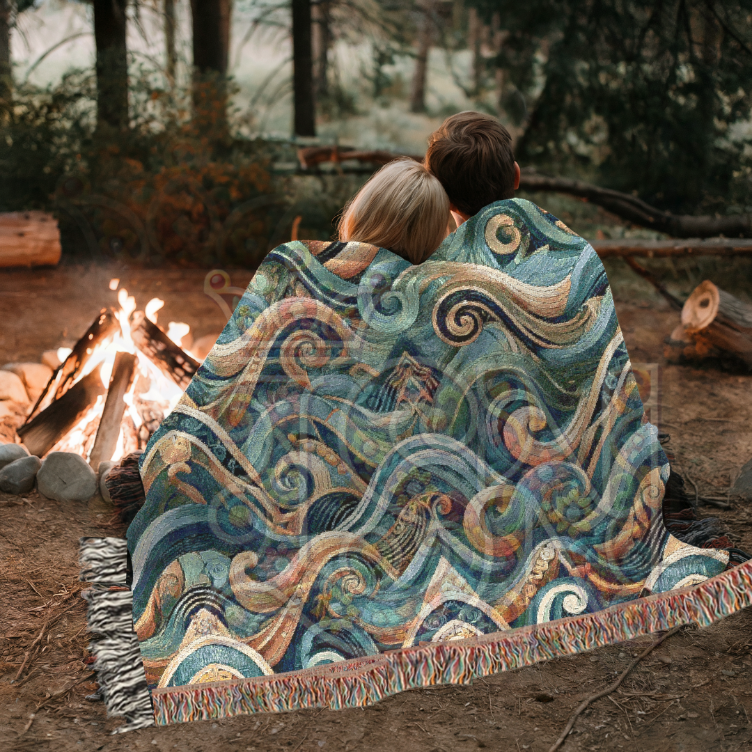 Abstract Ocean Waves Woven Throw Blanket – Tribal Inspired Cotton Tapestry