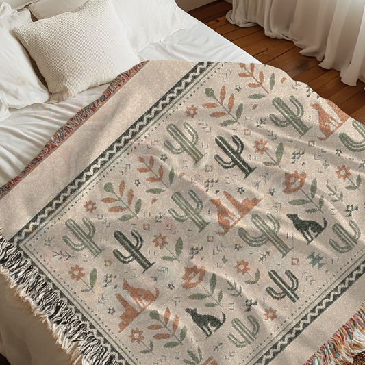 Call of the Desert – Southwestern Woven Blanket with Coyote, Cactus & Folk Motifs