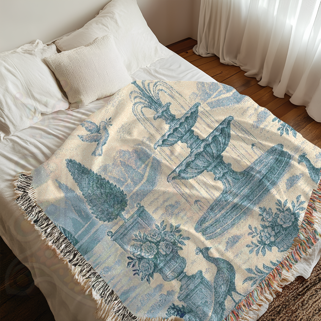 French Garden Peacock Woven Blanket – Blue Fountain Tapestry Throw for Elegant Wall Art or Sofa Décor – 100% Cotton Chateau Textile