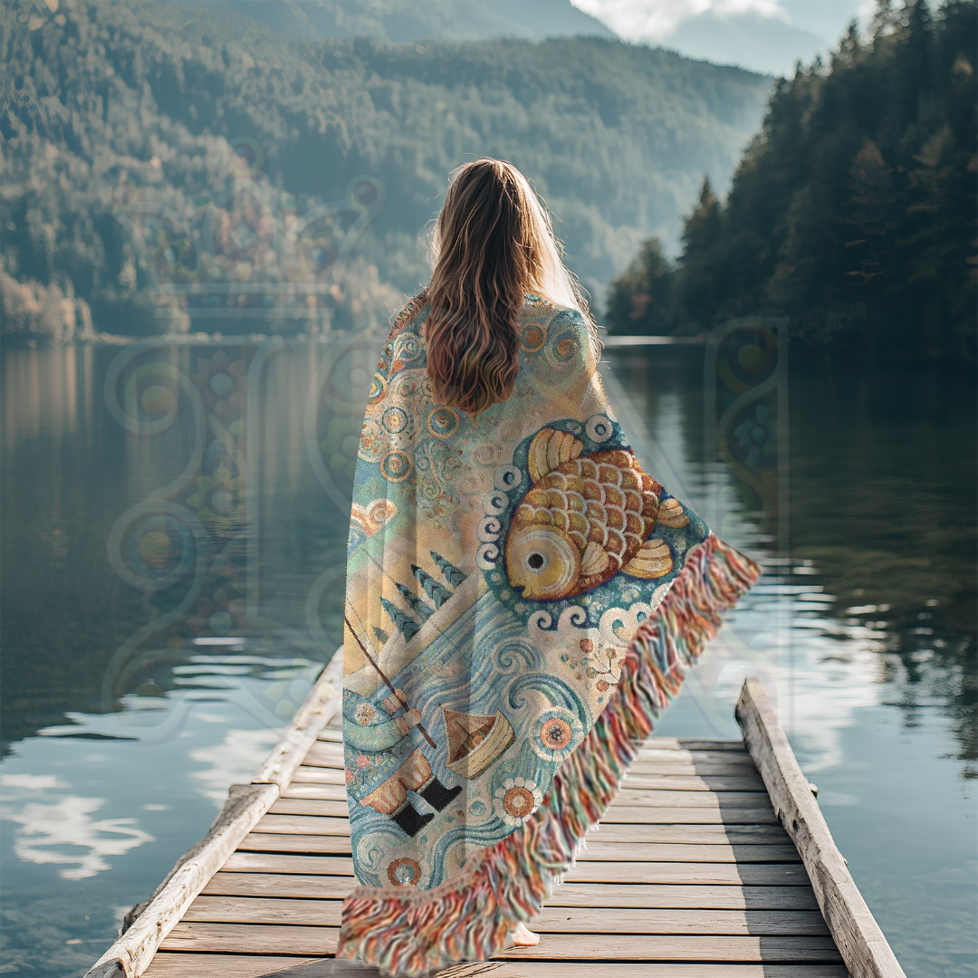 Golden Fish & Little Fisherman Woven Blanket, Folk Art Fairytale Light Tapestry – 100% Cotton Cozy Throw