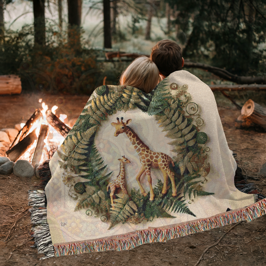 Safari Woven Blanket – Giraffe & Fern Tapestry – Botanical Jungle Throw – African Wildlife Nature Decor – Cozy Boho Safari Home Accent