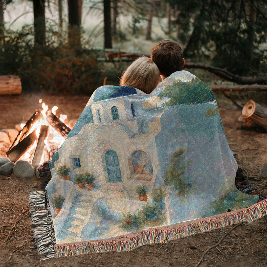 Cliffside Calm – Greek Villa Woven Blanket with Blue Dome & Coastal Landscape