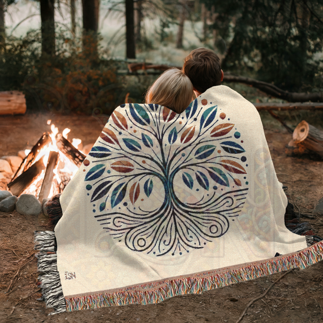 Tree of Life Woven Throw Blanket – Nature-Inspired Cotton Tapestry in Blue & Rust