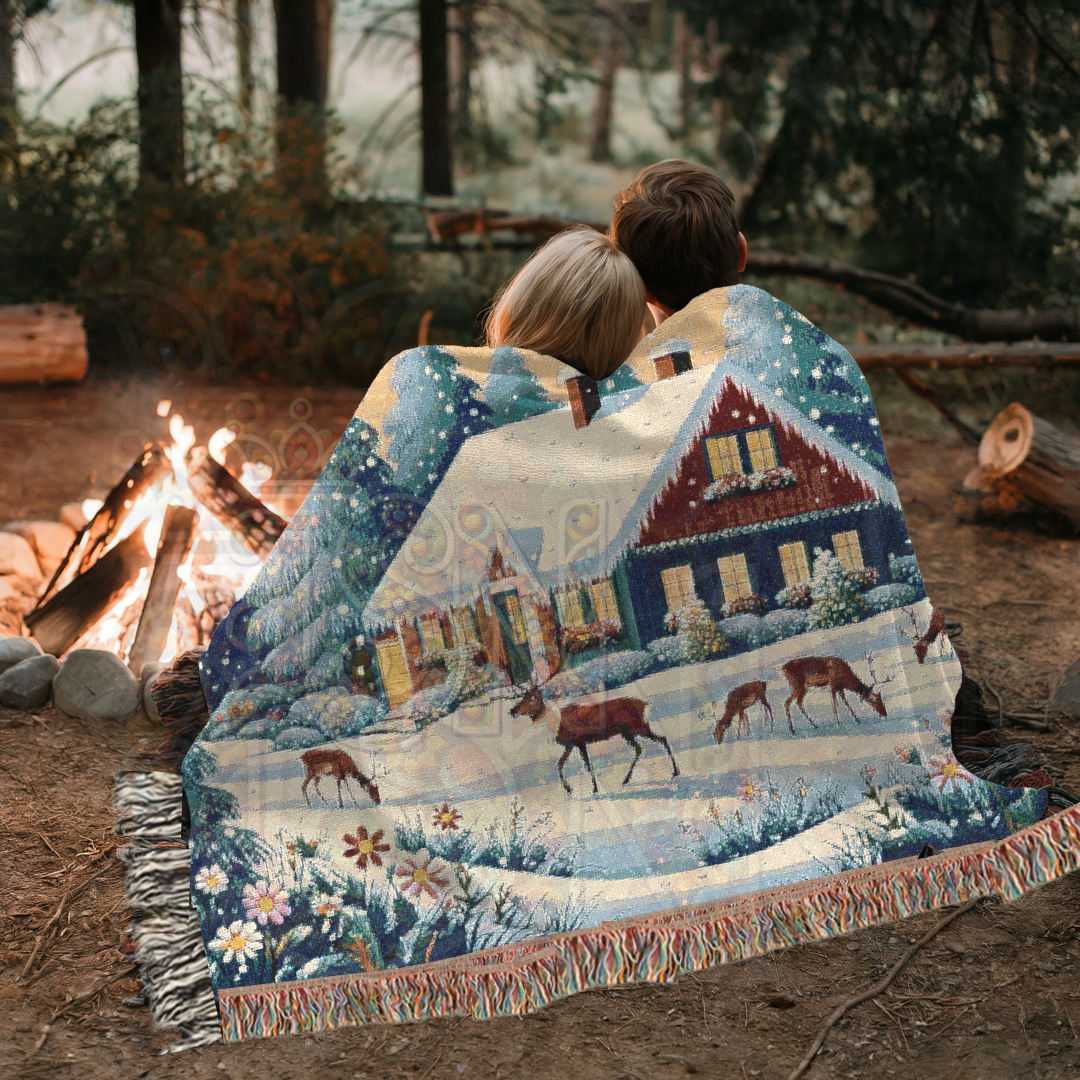 Winter’s Quiet Grace Nordic Folk Art Snowy Cabin Woven Blanket – Cozy 100% Cotton Throw