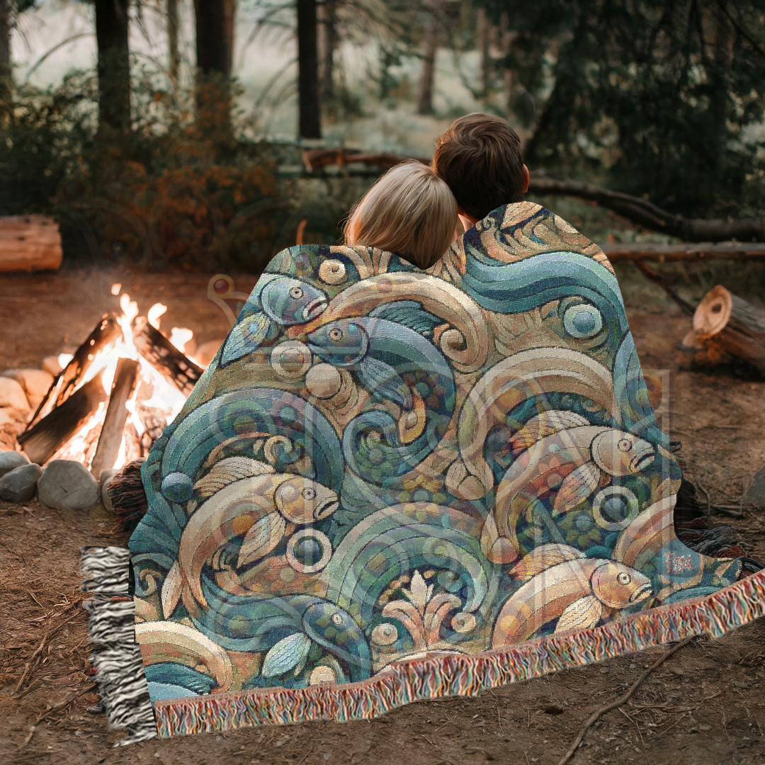 River Dance Folk Art Woven Blanket – Vibrant Fish & Flowing Water Nature-Inspired Throw