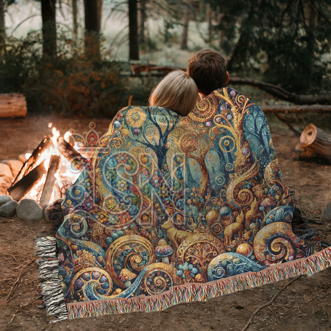 Whimsical Golden Trees – Folk Art Woodland Woven Throw Blanket