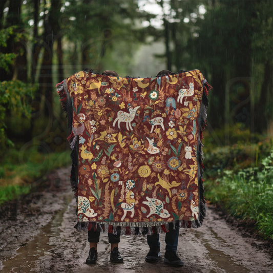 Floral and Animal Woven Throw in Earthly Tones | Mexican Folk Art-Inspired Design