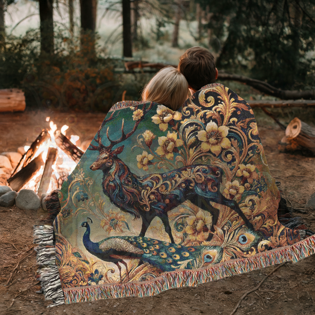 Majestic Stag & Peacock Woven Blanket – Baroque-Inspired Wildlife Tapestry Throw | Elegant Nature Art for Boho & Vintage Home Decor