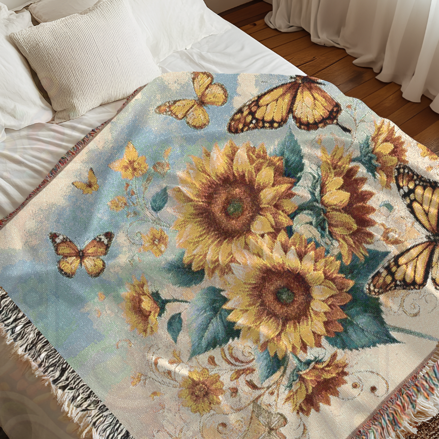Sunflower Butterfly Woven Blanket – 100% Cotton Boho Throw 🌻 Cozy Cottagecore Tapestry, Nature-Inspired Home Decor, Rustic Farmhouse Gift