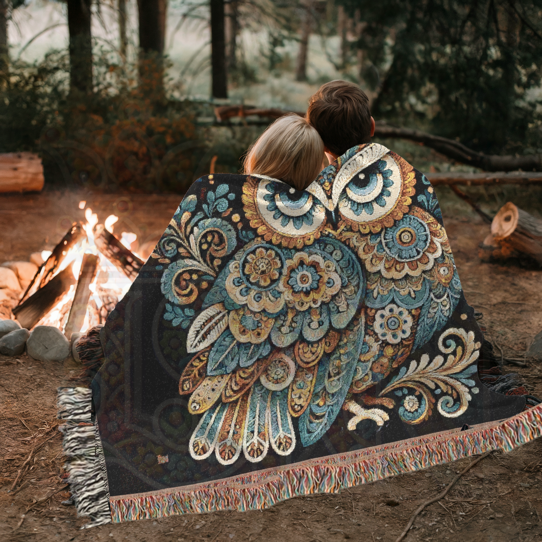 Boho Blue & Gold Owl Woven Blanket – 100% Cotton Tapestry Throw, Ornate Nature Decor, Elegant Couch Blanket, Nordic Owl Art Gift