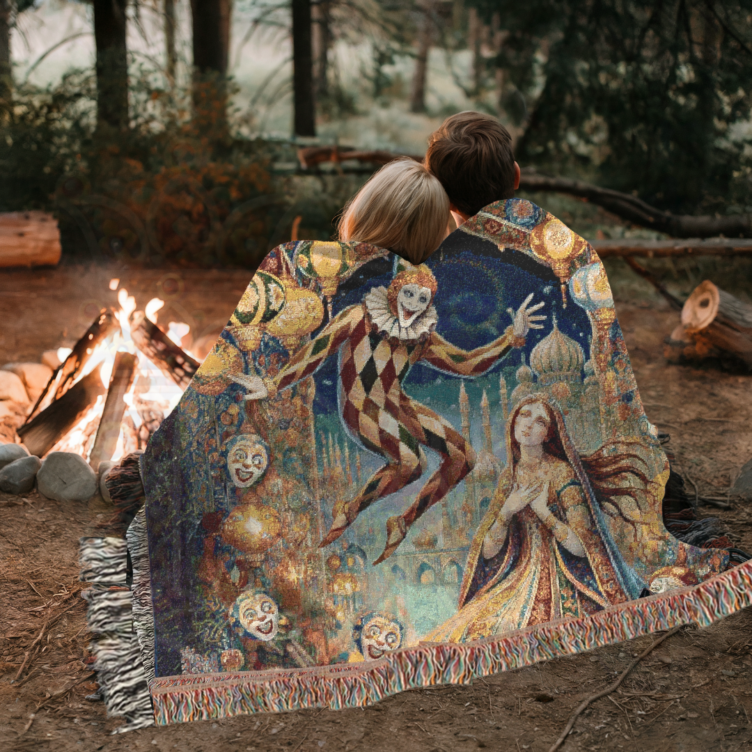 Enchanting Harlequin & Maiden Woven Blanket – 100% Cotton, Fantasy Tapestry, Bohemian Home Decor, Gothic Art Throw, Unique Gift