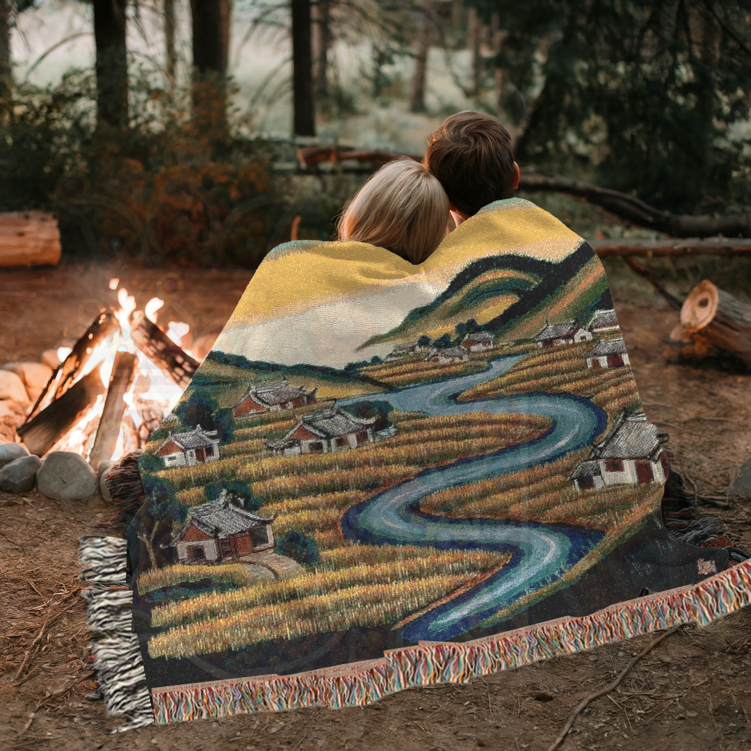 River of Rice – Asian Korean Folk Art Woven Throw Blanket with Countryside Village Scene