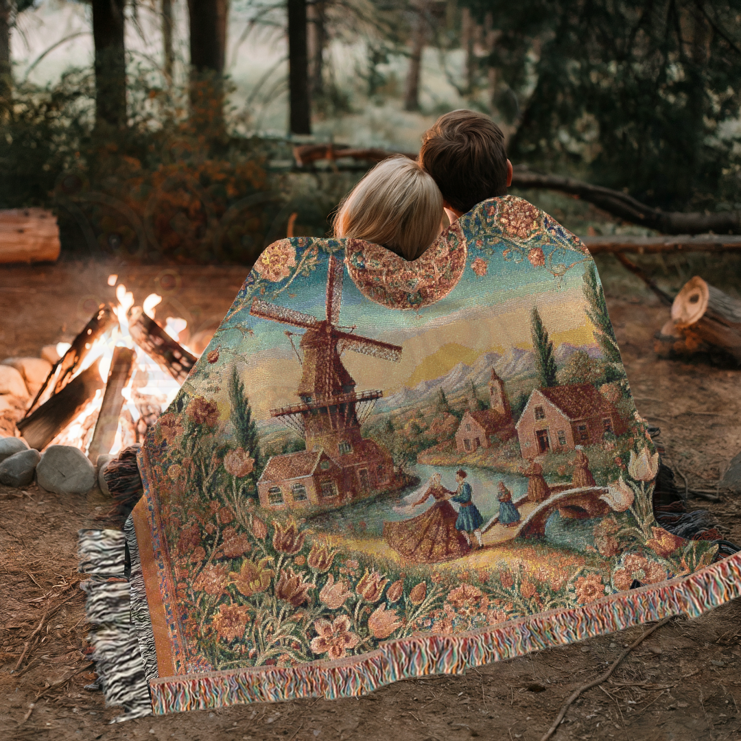 Dutch Countryside Woven Blanket – 100% Cotton, Windmill Tapestry, Vintage Farmhouse Decor, Rustic European Throw, Cozy Heritage Gift