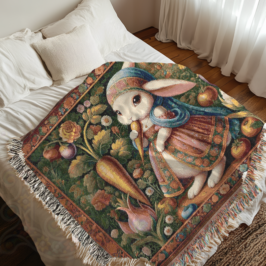 Woven Blanket - Female Bunny Rabbit Eating Carrot in a Garden Patch