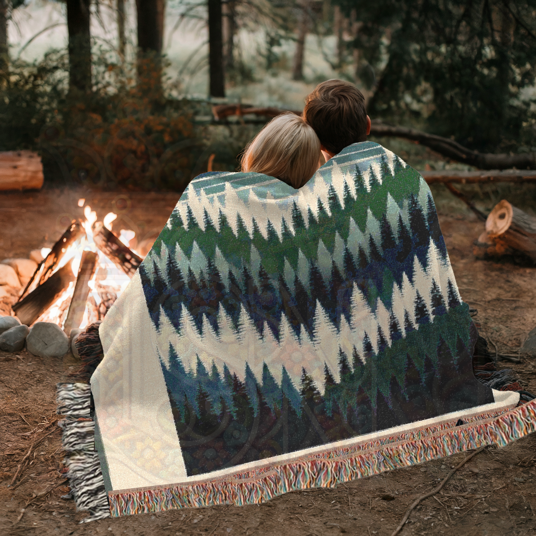 Forest Sunset Woven Blanket, 100% Cotton Throw – Nature-Inspired Cozy Tapestry for Home, Cabin, or Adventure Lovers