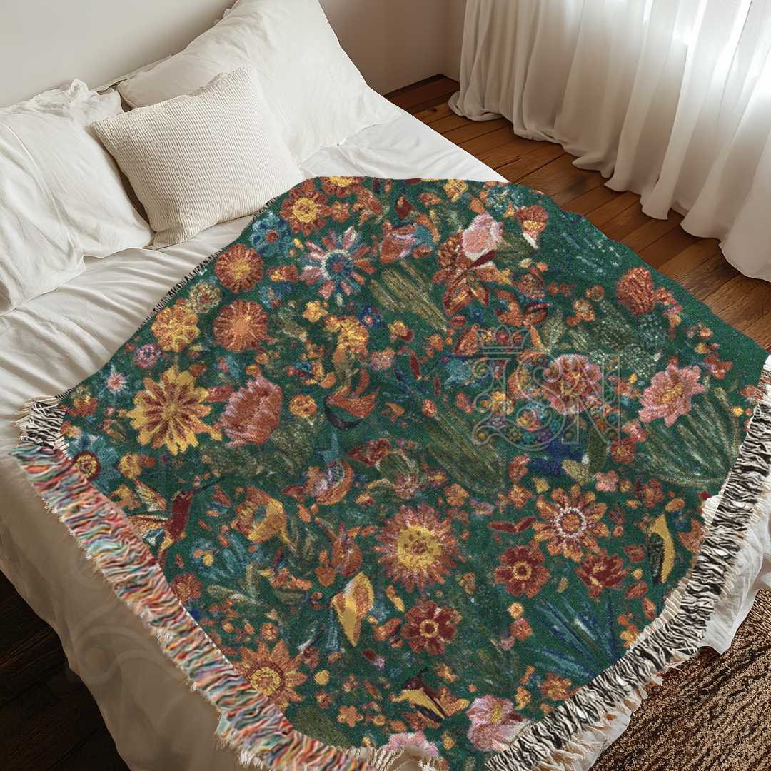Vibrant Mexican Folk Art Woven Blanket in Green | Cacti, Birds, and Flowers Design