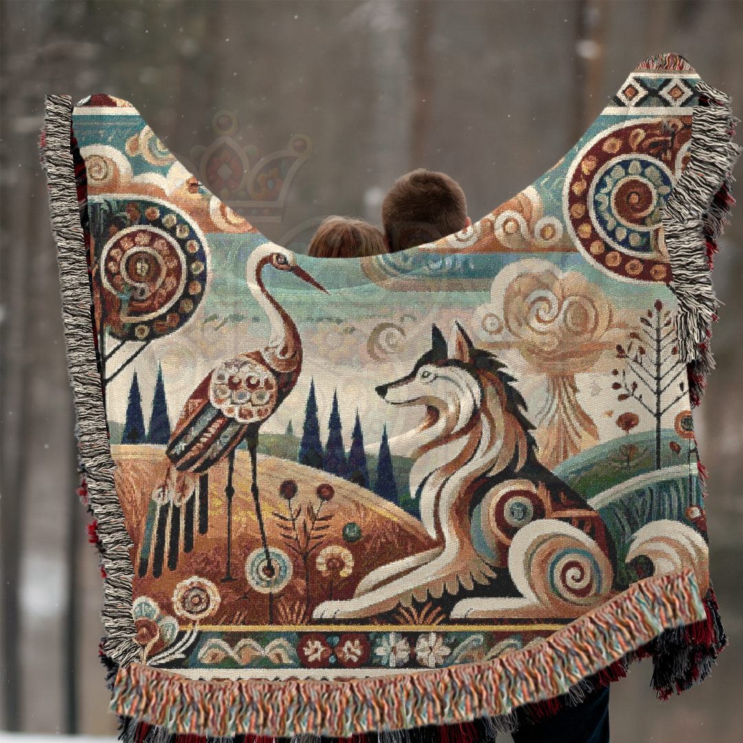 Boho Mystical Wolf & Crane Tapestry Blanket – Inspired by Aesop's Fables - Folk Art Nature Woven Throw, Whimsical Animal Decor for Dreamy Homes & Cozy Spaces