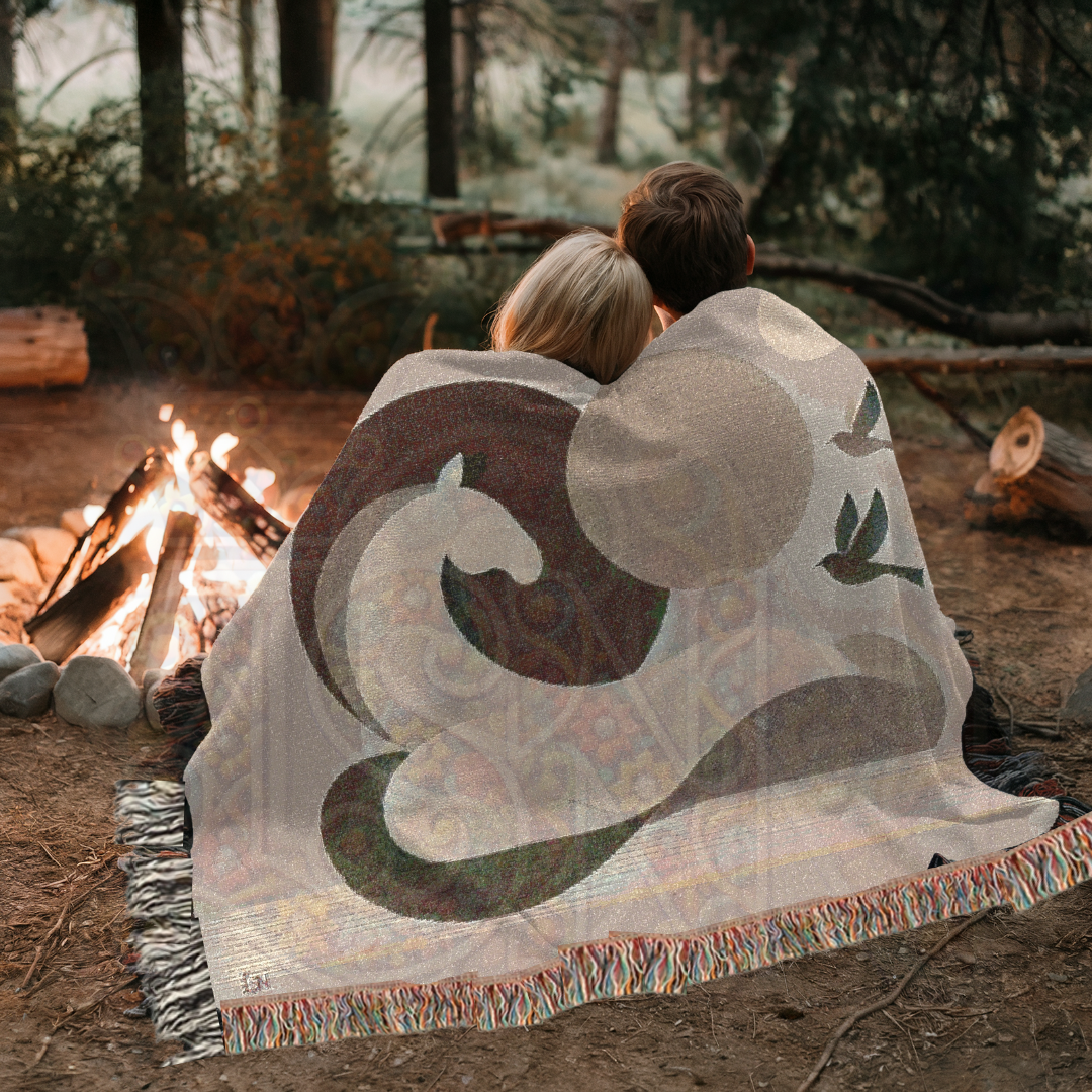 Serene Equine Minimalist Horse and Birds Woven Blanket, Earth Tone Cozy Throw, Modern Nature-Inspired Home Decor Gift