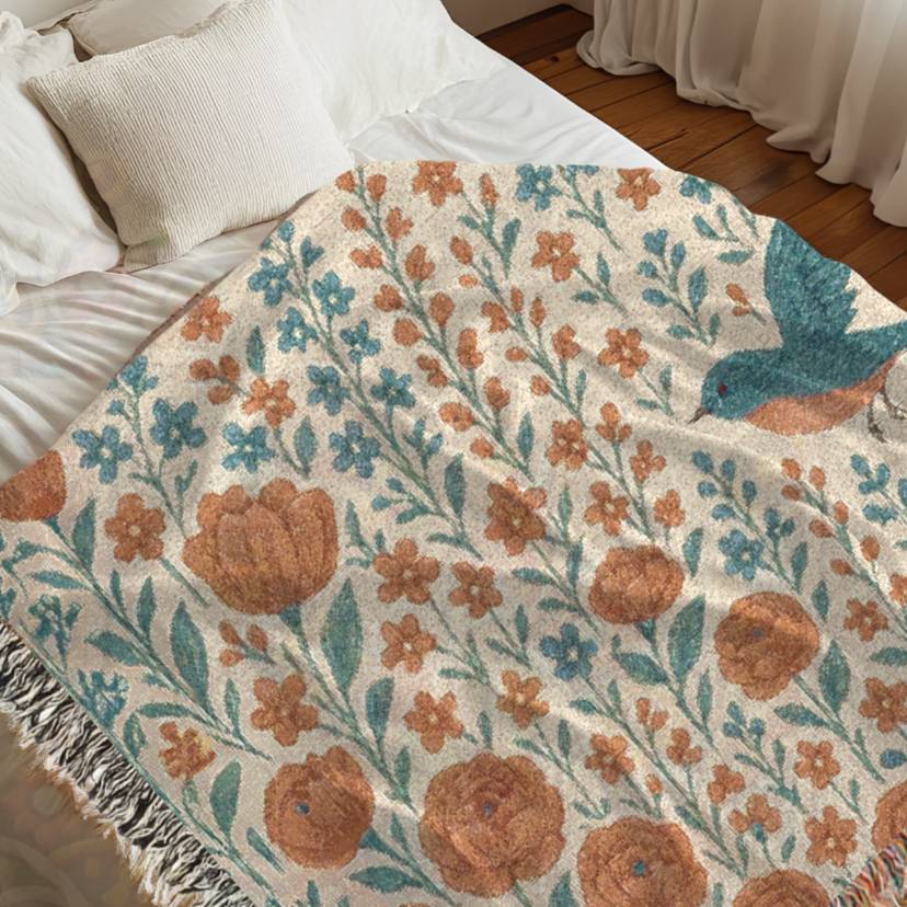 Bluebird’s Garden Woven Blanket – Fairycore Floral Throw, Cozy Nature-Inspired Nursery Decor