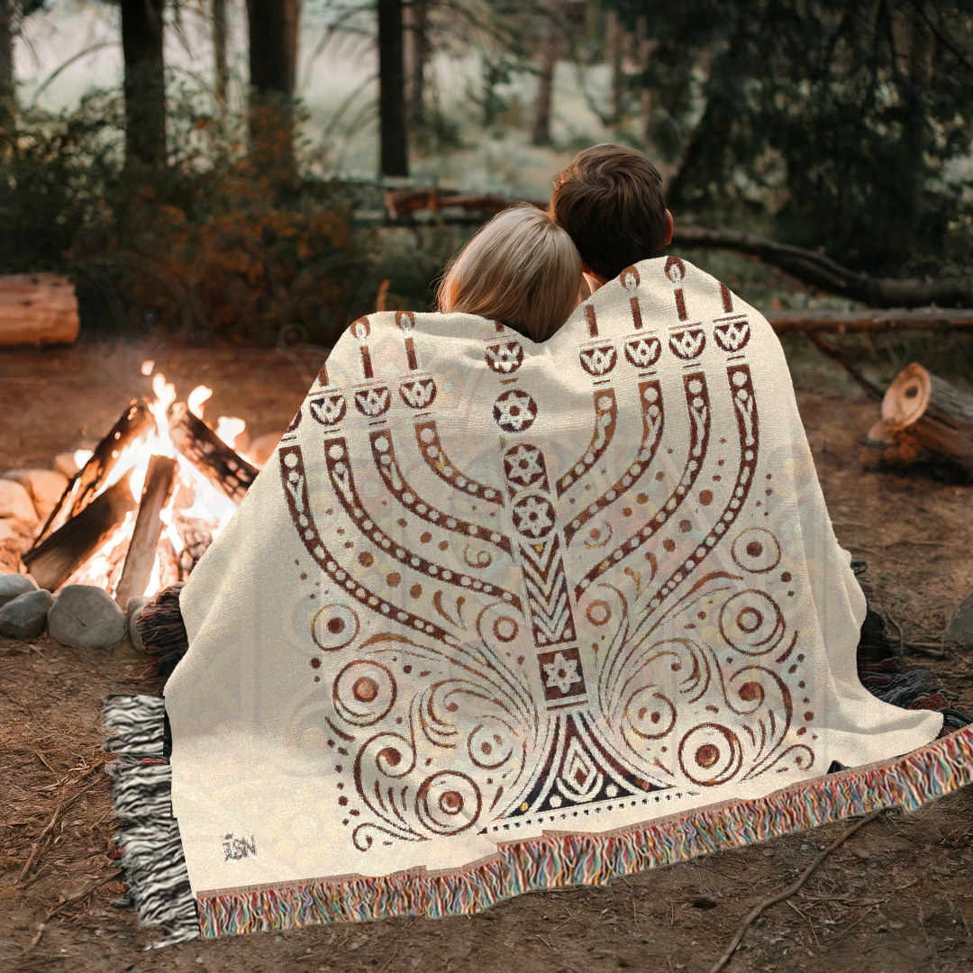 Radiant Menorah Folk Art Woven Blanket – Hanukkah Symbol of Light & Tradition Throw