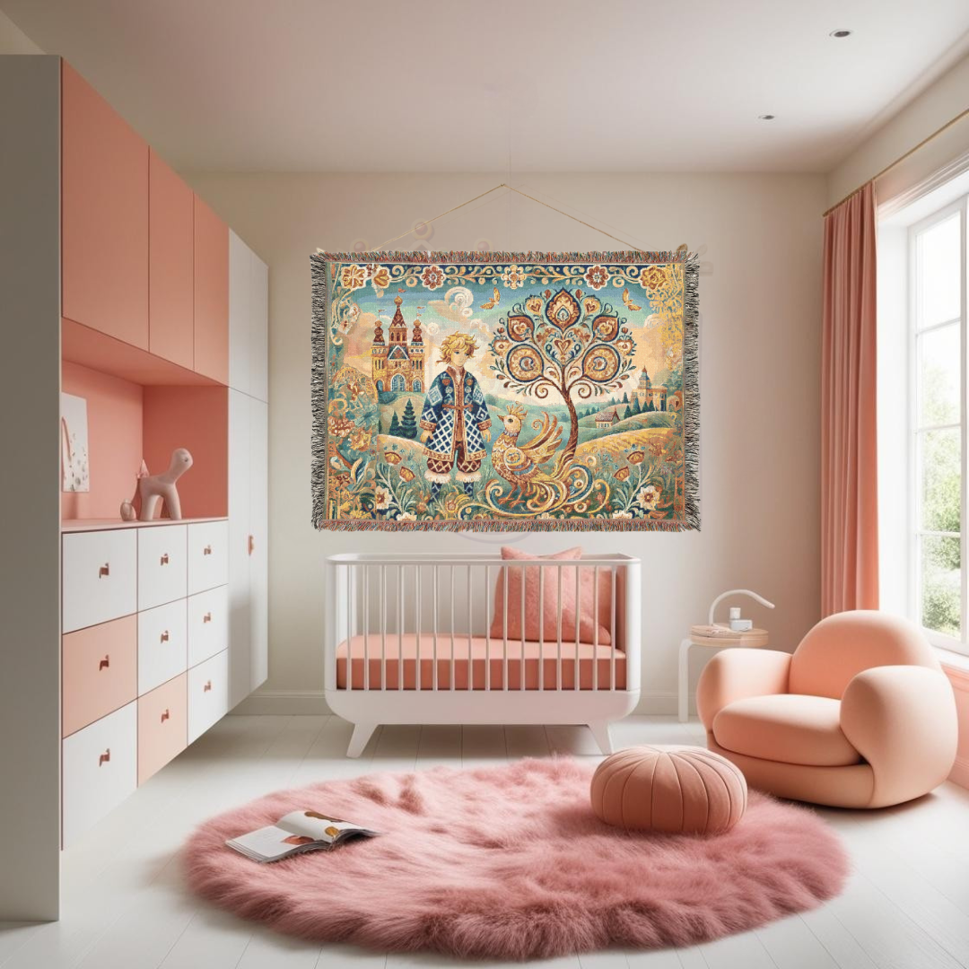 Fairy Tale Folk Art Woven Blanket – Enchanted Prince & Light Firebird, Slavic-Inspired Tapestry Throw for Cozy, Whimsical Décor